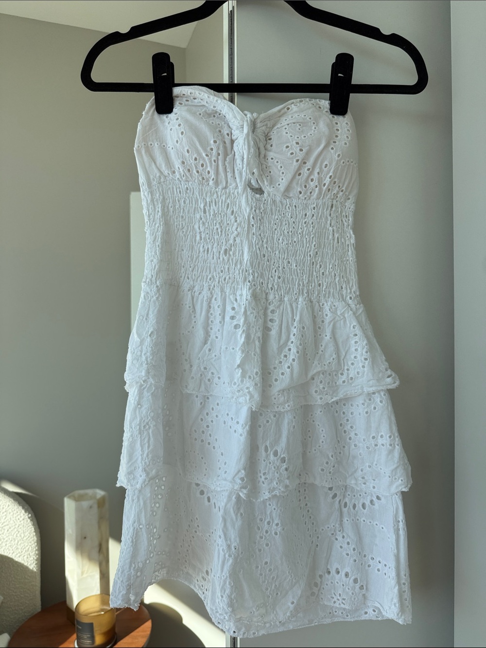 Strapless White Eyelet Tiered Linen Sundress